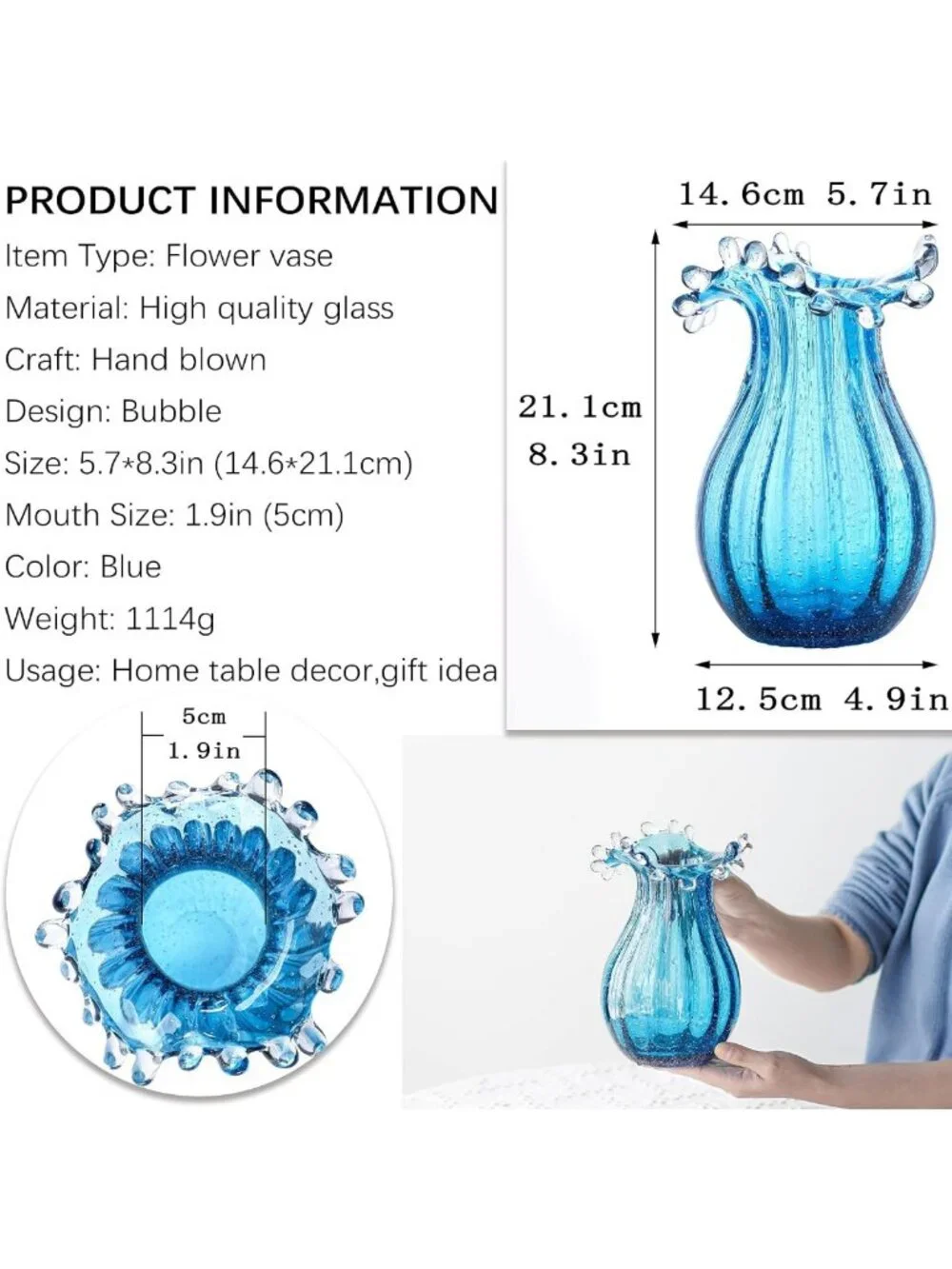 Modern 8-Inch Blown Glass Bubble Vase - Stylish Art Decor for Flowers